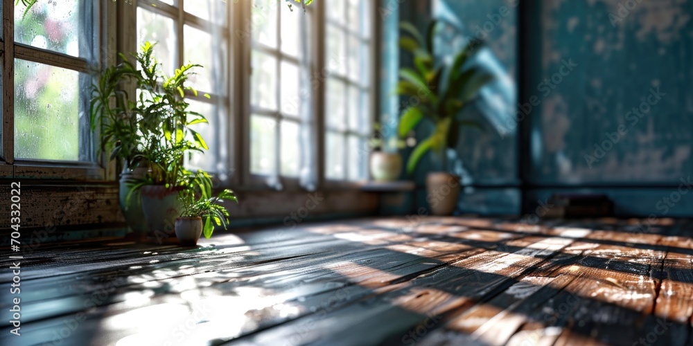 Poster a wooden floor with potted plants arranged in front of a window. suitable for home decor and interio