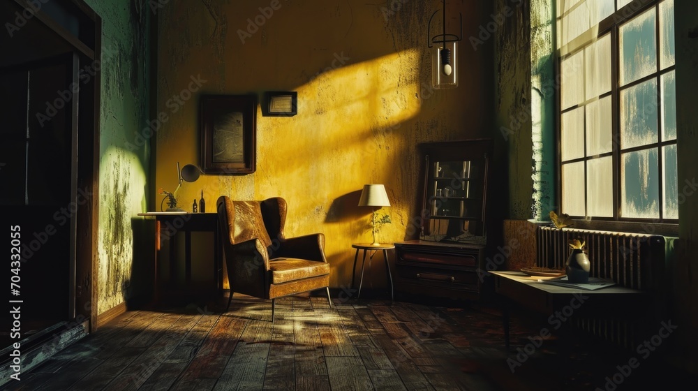 Poster a simple room featuring a chair and a table. suitable for various interior design concepts