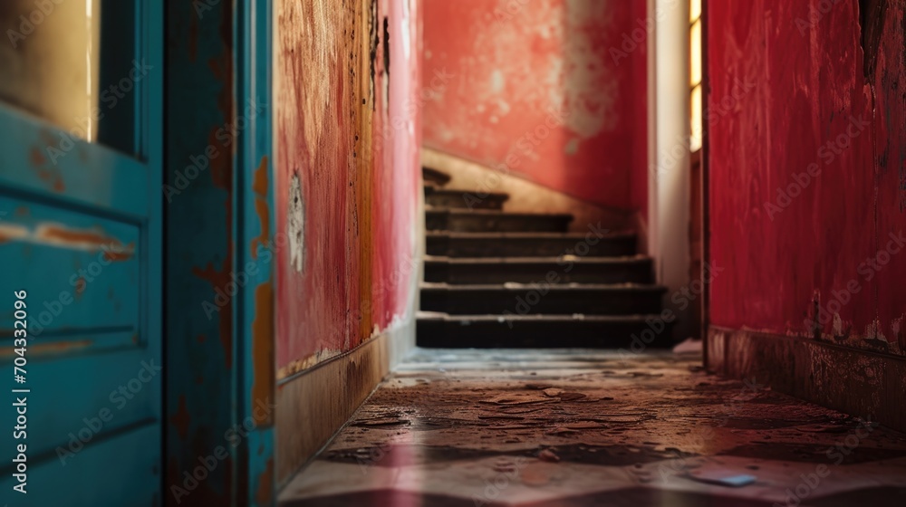 Poster an open door that leads to a set of stairs. this image can be used to represent new beginnings, oppo