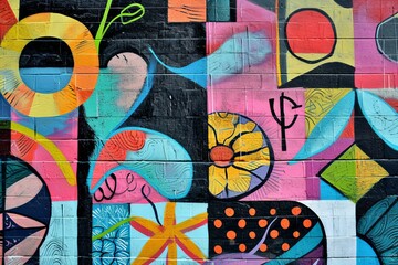 Wall graffiti street art graffiti doodle art colorful shapes geometric collage vibrant colors, floral