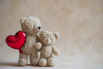 
Two teddy bears standing together and a heart shaped balloon on light beige background
