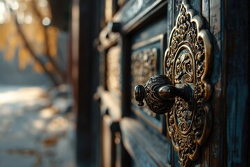 A detailed close-up of a door handle on a wooden door. This image can be used to depict home security, interior design, or the concept of opening and closing doors