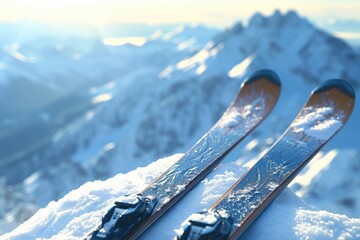 Skis resting on top of a snow-covered mountain. Perfect for winter sports enthusiasts or travel...