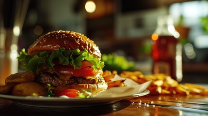 A delicious hamburger with fresh lettuce, juicy tomato, and crispy french fries served on a plate....