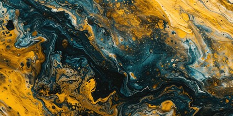 A detailed view of a fluid painting with vibrant yellow and black colors. Perfect for adding a modern touch to any interior design or art project