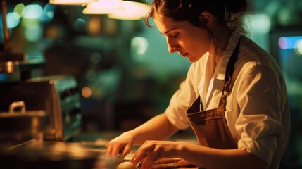 A woman in an apron preparing food in a kitchen. This image can be used to depict cooking, meal...