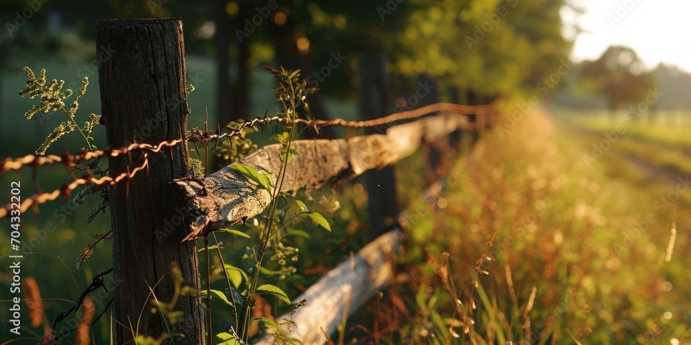 Poster a detailed view of a wooden fence in a serene field. perfect for rustic or nature-themed projects