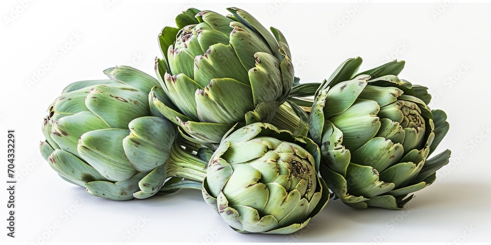 Poster a group of artichokes neatly arranged on a clean white surface. perfect for food-related designs and