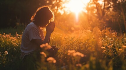 Sunlit prayer. Woman praying in the meadow in the sunbeams of sunset.
 - obrazy, fototapety, plakaty