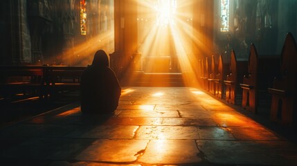 Sunlit prayer. Man praying in the church in the sunbeams shining through the window. - obrazy, fototapety, plakaty