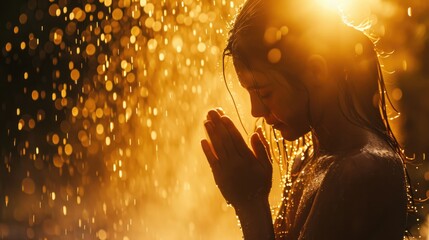 Young woman praying in the rain with golden bokeh background.