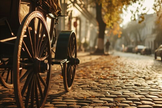 A horse drawn carriage is seen on a charming cobblestone street. This image can be used to depict historical or romantic settings