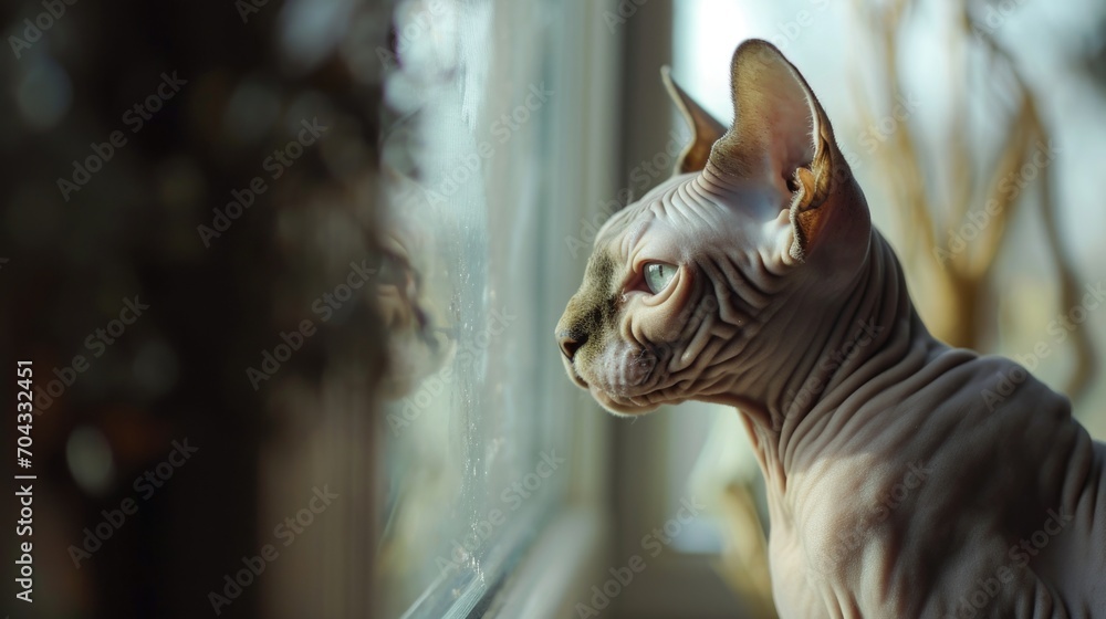 Poster a close-up view of a cat peering out of a window. perfect for adding a touch of cuteness to any proj