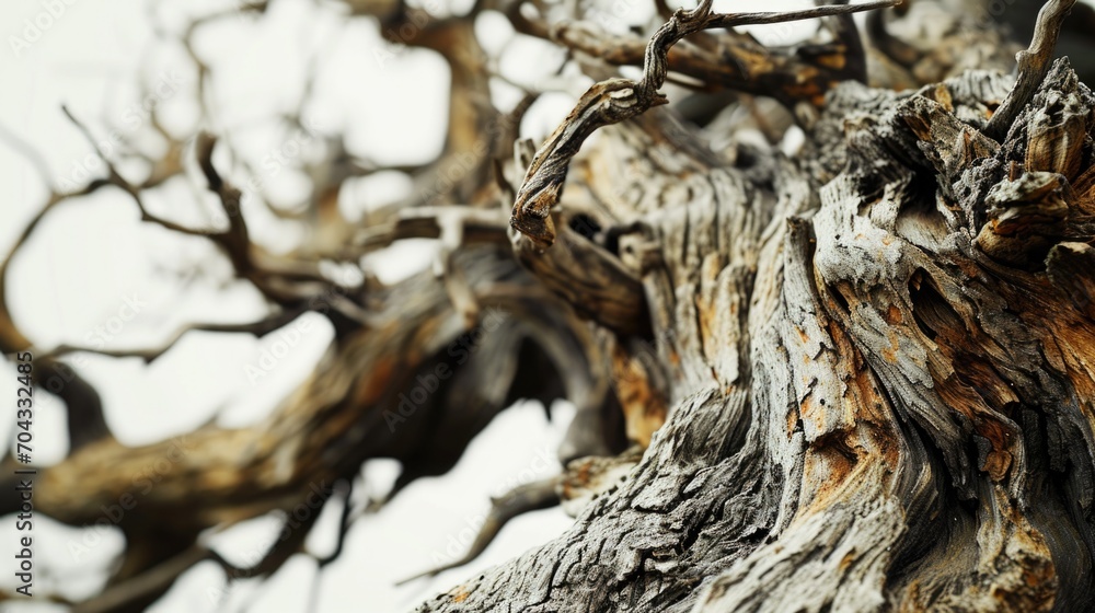 Poster a close-up view of a tree without leaves. this image can be used to depict the concept of death, dec