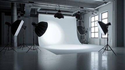A photo studio filled with professional lighting equipment. Perfect for capturing stunning photographs.