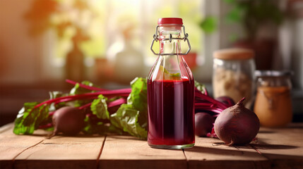 A bottle of beet juice and fresh beets on the table on a blurred background of a light kitchen. free space for text and bottle mockup for presentation of beetroot juice or drink