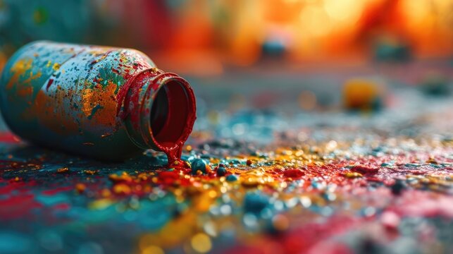 A paint can that has been spilled and is sitting on the ground. This image can be used to depict accidents, DIY projects gone wrong, or the concept of messiness