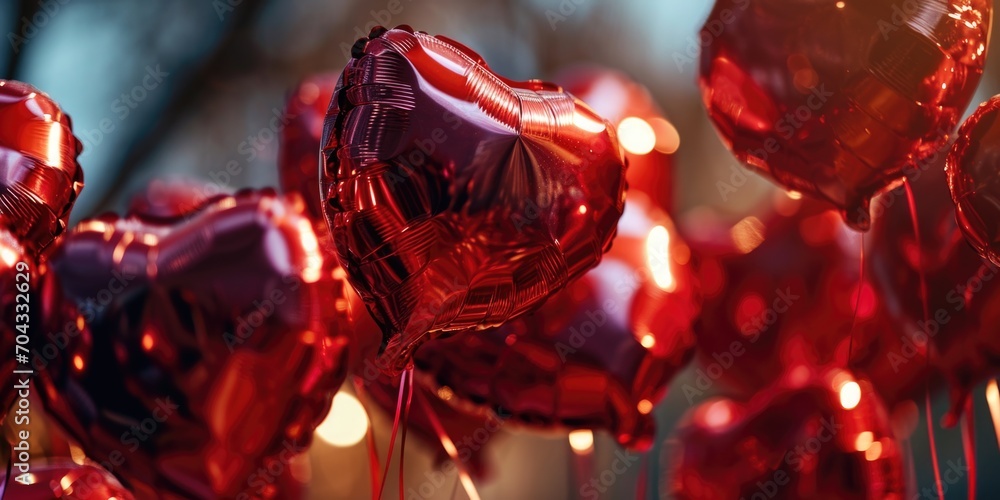 Poster a bunch of red heart-shaped balloons floating in the air. perfect for expressing love and joy in var