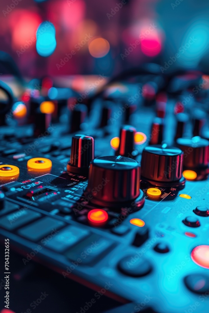 Poster a detailed view of a control board in a recording studio. perfect for showcasing the technical aspec