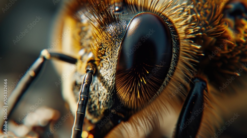 Poster A detailed close-up view of a bee's face. This image can be used to showcase the intricate details of a bee or to illustrate the concept of pollination and the importance of bees in nature