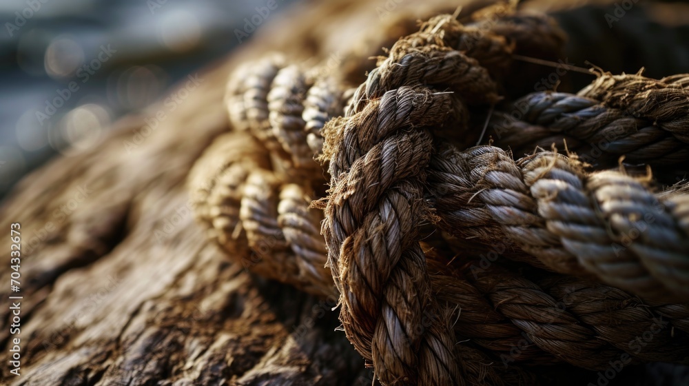 Poster a detailed close-up of a rope tied to a piece of wood. this versatile image can be used to convey co