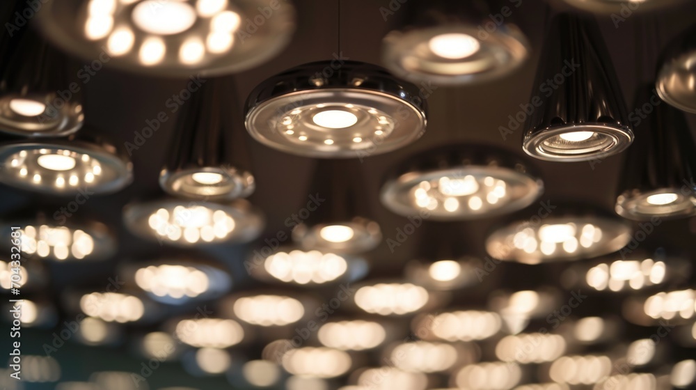 Poster A cluster of lights hanging from the ceiling. Can be used to add a warm and festive ambiance to any space