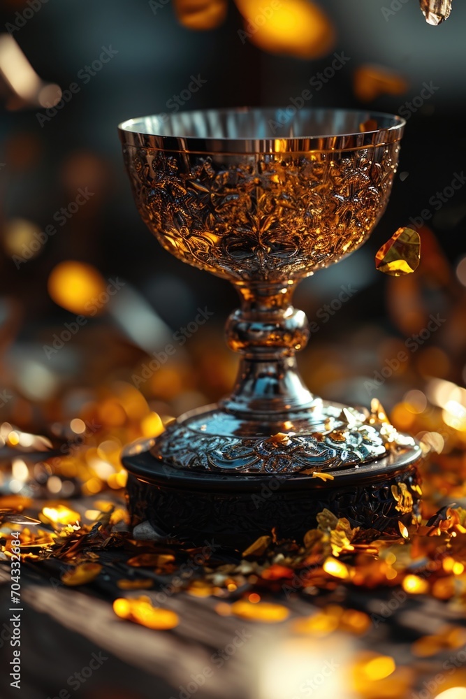 Poster a silver cup resting on a sturdy wooden table. suitable for various applications