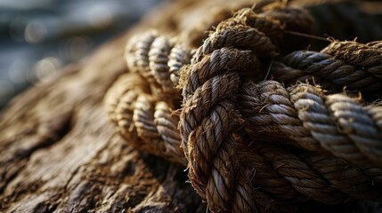 A detailed close-up of a rope tied to a piece of wood. This versatile image can be used to convey concepts such as strength, security, or outdoor activities.