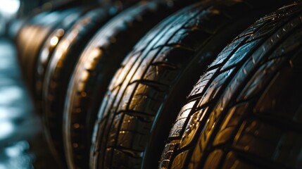Naklejka premium A straight line of tires placed one after another. Can be used to represent transportation, automotive industry, or recycling