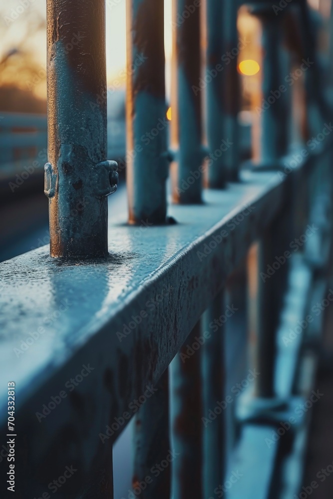 Poster A close up of a metal fence with a beautiful sunset in the background. Perfect for adding a touch of elegance to any project