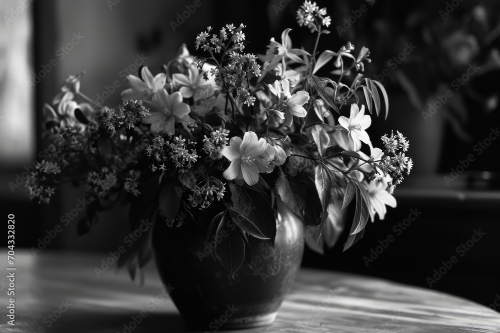 Poster a simple and elegant black and white photo of a vase filled with beautiful flowers. perfect for addi