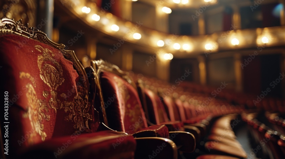 Aufkleber a row of red chairs in a theatre. suitable for use in theatre-related articles or promotional materi
