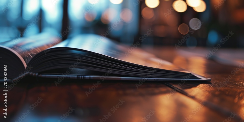 Poster An open book resting on a wooden table. Versatile image for various uses