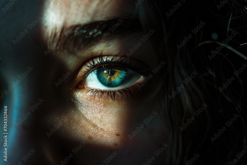 Poster A close up of a person's eye with a pair of scissors. Can be used to illustrate concepts related to danger, fear, or the sense of being watched