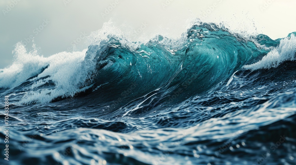 Poster a powerful wave crashes and breaks in the vast ocean. this image captures the raw energy and beauty 