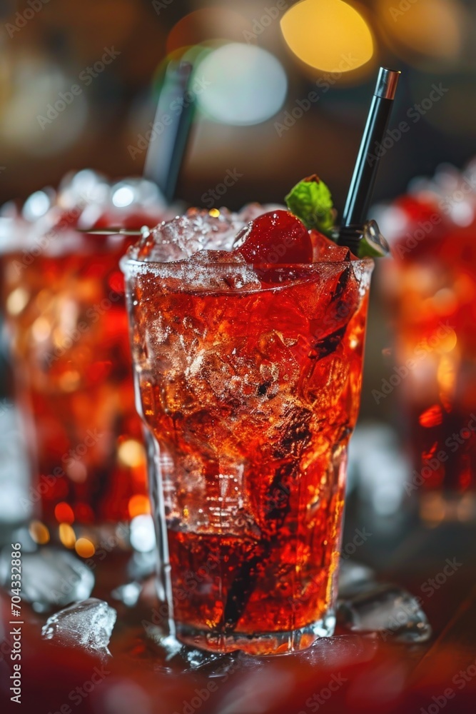 Aufkleber a detailed view of a refreshing drink in a glass with a straw. perfect for illustrating summer bever
