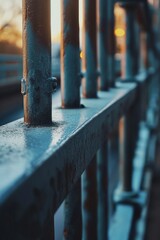 A close up of a metal fence with a beautiful sunset in the background. Perfect for adding a touch of elegance to any project