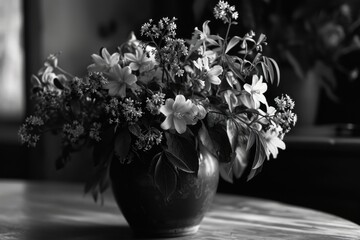 A simple and elegant black and white photo of a vase filled with beautiful flowers. Perfect for adding a touch of sophistication to any project or decor