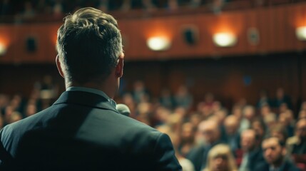 A professional man dressed in a suit stands confidently in front of a large crowd. Suitable for business presentations and leadership concepts