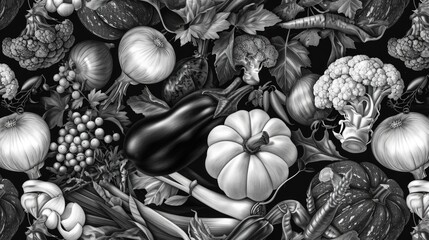 A black and white drawing featuring a variety of vegetables. This versatile image can be used in cookbooks, food blogs, or healthy eating articles