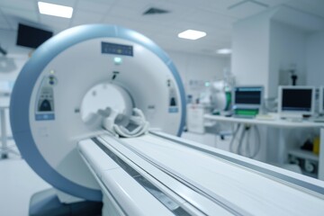 A large MRI machine in a hospital room. Ideal for medical and healthcare related projects