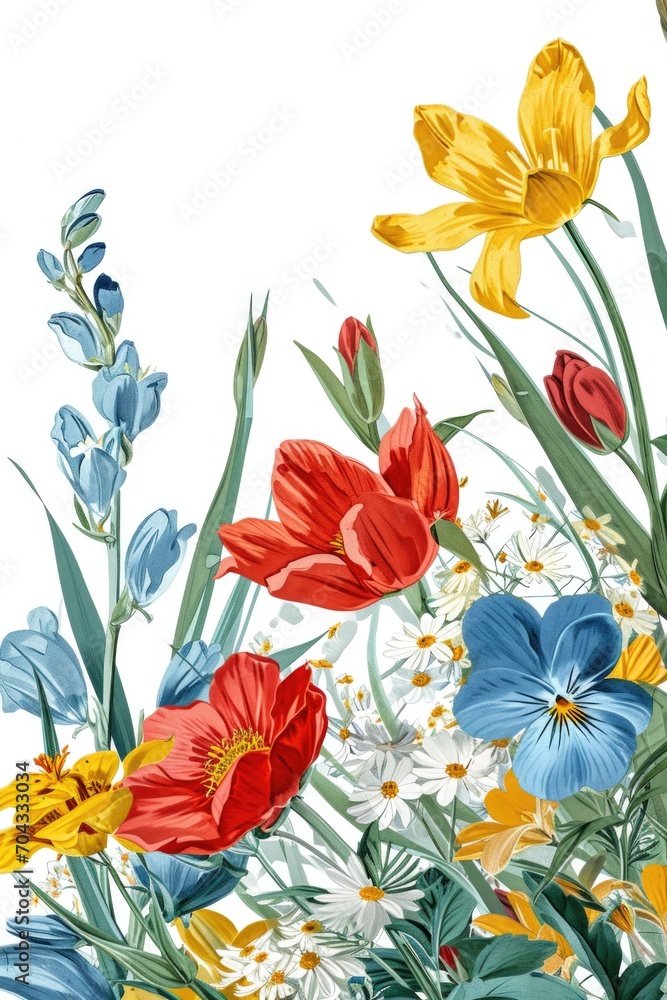 Poster a painting of a bunch of flowers on a white background. ideal for adding a touch of nature to any de