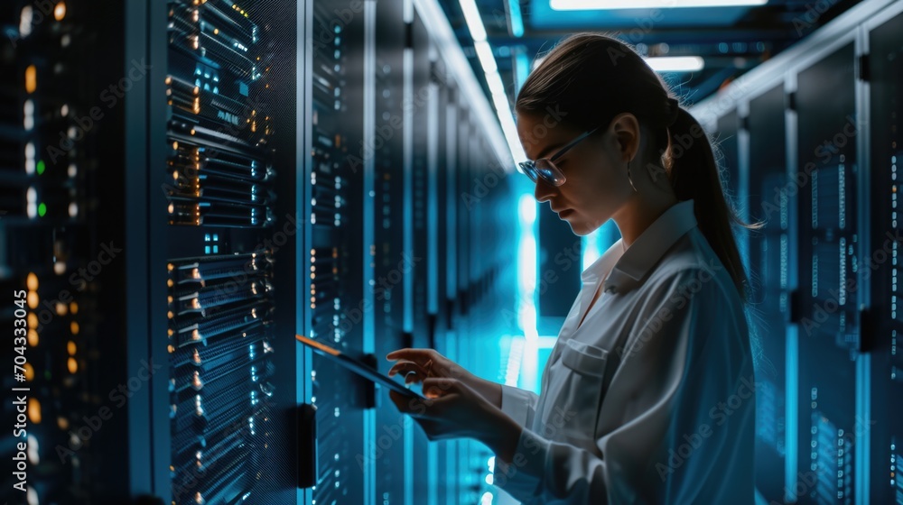 Poster a woman is seen using a tablet in a server room. this image can be used to illustrate technology, co