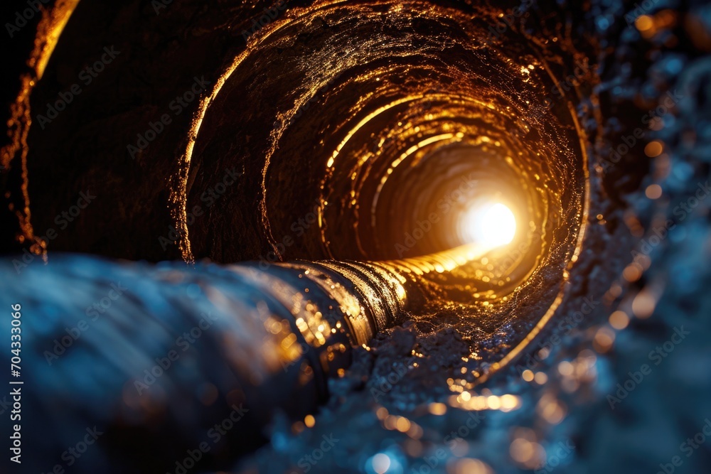 Poster A pipe with a light shining at the end. Ideal for illustrating concepts like hope, discovery, or finding a way out.