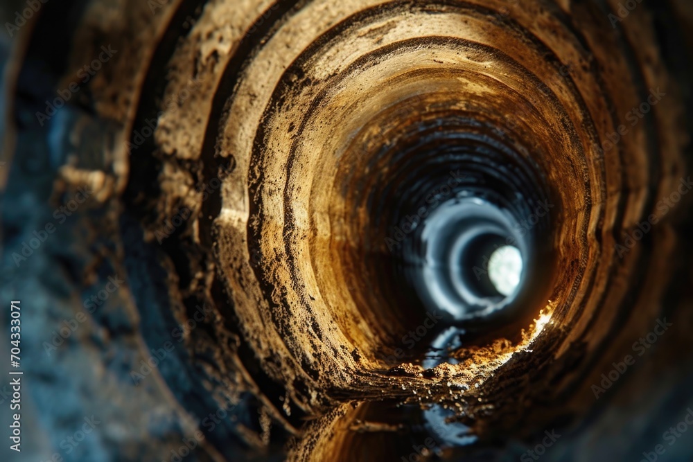 Poster a detailed close-up shot of a pipe with a visible hole. ideal for illustrating plumbing issues or in