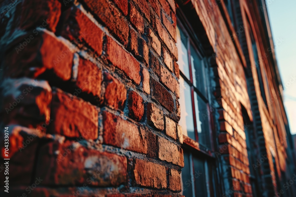 Poster a brick wall with a window overlooking a beautiful sky. suitable for architectural and interior desi