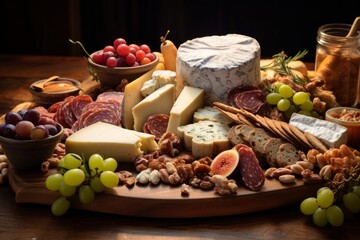 Photo of a charcuterie board laden with artisanal cheeses. Generative AI