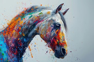 A vibrant painting of a horse covered in colorful paint splatters. Perfect for adding a pop of...