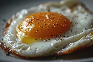 A fried egg on a white plate. Perfect for breakfast or brunch