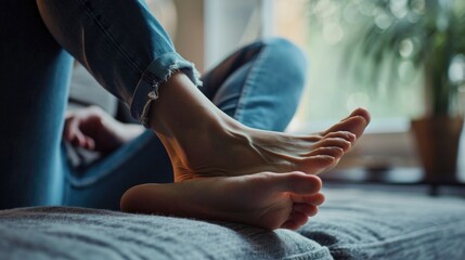 A close up shot of a person's feet resting on a bed. Suitable for various uses
